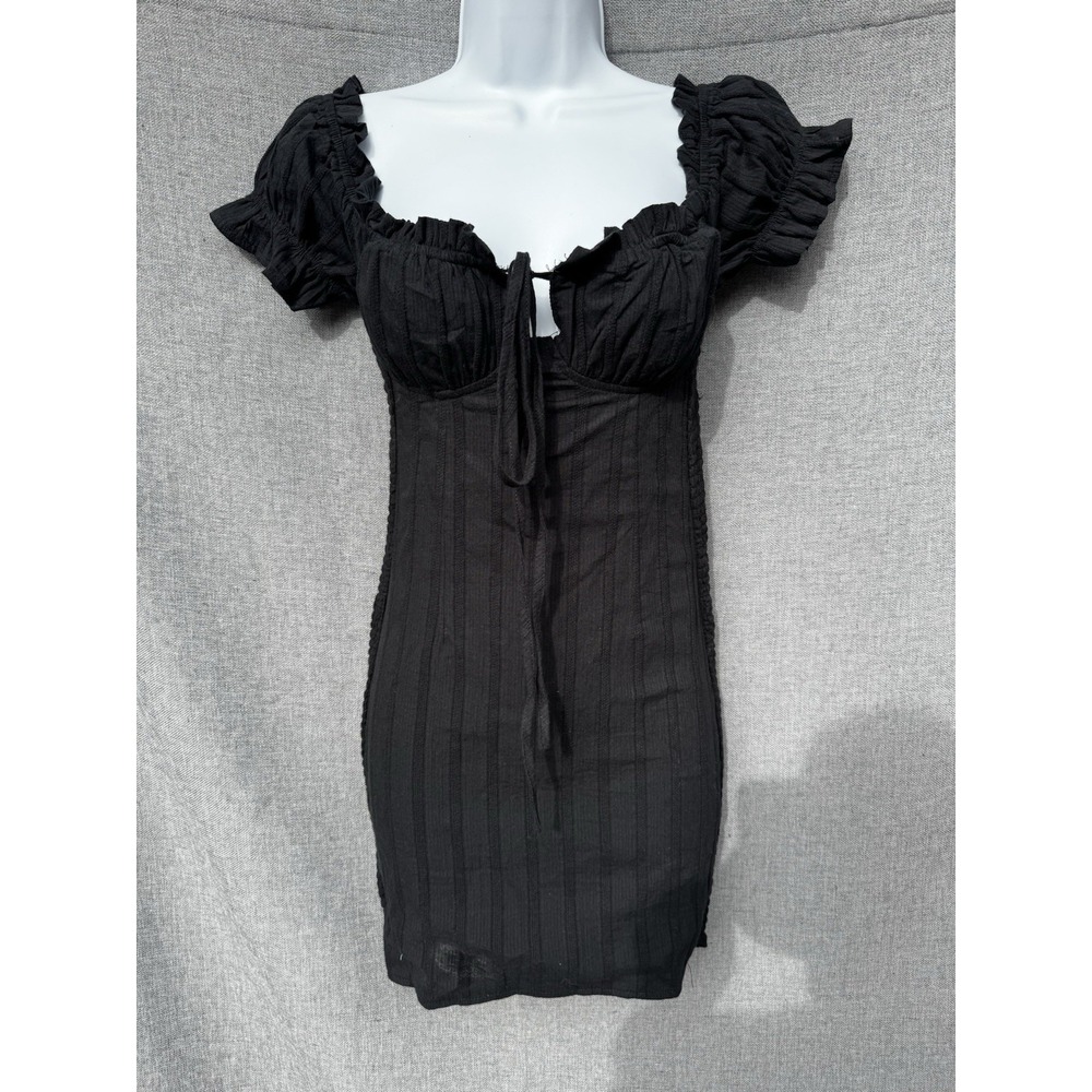 O VIANCA Black Puff Sleeve Square Neck Tie Front Ribbed Bodycon Mini Dress Small